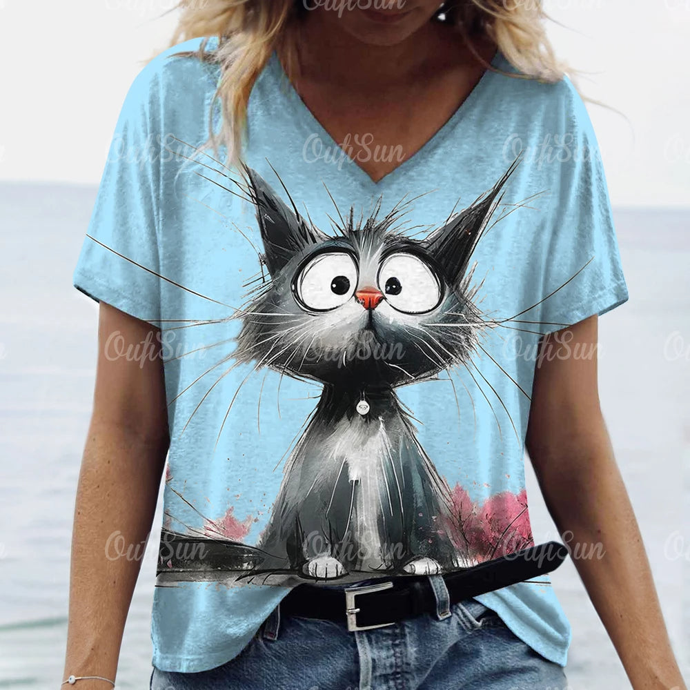 T-Shirt Col V Chat - Différents motifs