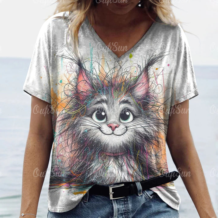 T-Shirt Col V Chat - Différents motifs