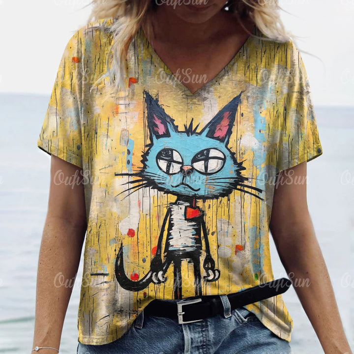 T-Shirt Col V Chat - Différents motifs